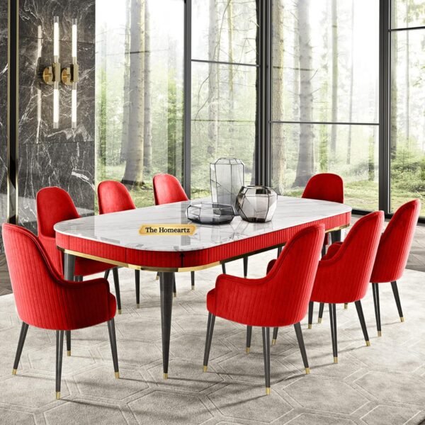 8-Seater Modern Wooden Dining Table Set | 2 Year Warranty | Created Italian Statuario Marble Top | Elegant Composite Marble Table with 8 Chairs (Maroon)