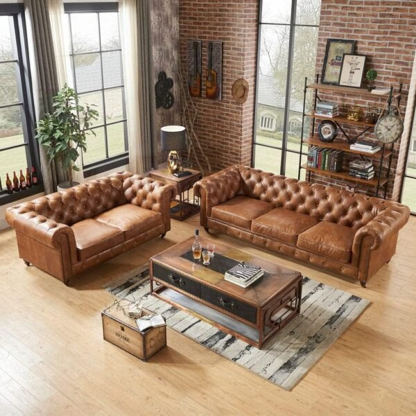 A to Z Furniture Classic 3+2=5 Seater Sofa Set Luxury Chesterfield Leatherette Sofa in for Home Living Room & Office (Brwon) - 3, Brown