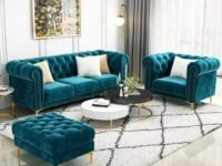A to Z Furniture Modern Classic Fabric & Valvet Tufted Chesterfield Sofa Living Room and Office (Teal Green)