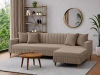 AMATA Omega Solid Wood 4 Seater L Shape Camel Suede Velvet Sofa Set with Four Cushions Perfect for Home Office Guests Living Room (03 Camel, Omega L Shape 4 SSEATER)(3 Year warrantty)
