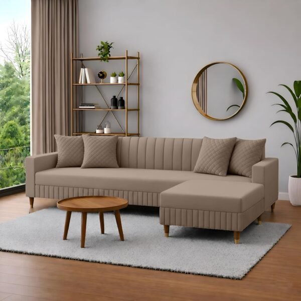 AMATA Omega Solid Wood 4 Seater L Shape Camel Suede Velvet Sofa Set with Four Cushions Perfect for Home Office Guests Living Room (03 Camel, Omega L Shape 4 SSEATER)(3 Year warrantty)