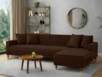 AMATA Omega Solid Wood 4 SeaterL Shape Brown Suede Velvet Fabric Sofa Set with Four Cushions Perfect for Home Office Guests Living Room (03 Brown, Omega L Shape 4 SSEATER)(3 Year Warranty)