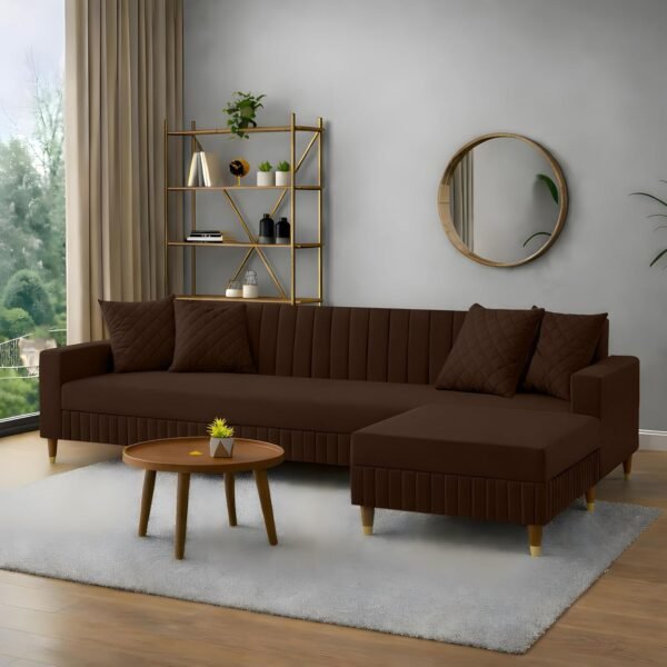 AMATA Omega Solid Wood 4 SeaterL Shape Brown Suede Velvet Fabric Sofa Set with Four Cushions Perfect for Home Office Guests Living Room (03 Brown, Omega L Shape 4 SSEATER)(3 Year Warranty)