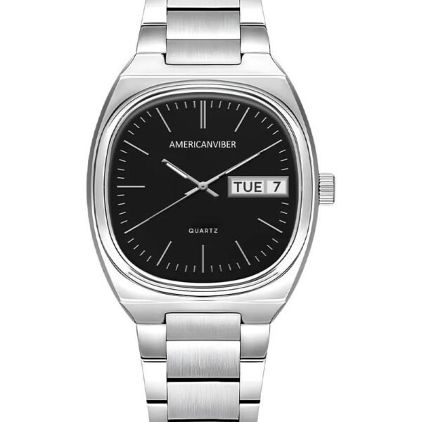 AMERICANVIBER Men's Stainless Steel Classic Analog Watch, Casual & Business, with Cushion Case Dial and Day-Date Display