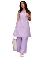 ANNI Designer Kurta Set for Women Cotton Blend Embroidered | Kurti Set for Woman | Farshi Salwar Suit Kurta Palazzo Outfit | Round Neck V Slit Sleeveless Regular Fit Ethnic Dress Stylish Clothing