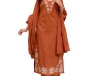 ANNI Designer Pure Cotton Embroidered Kurta Set for Women | Rust Orange Kurta with Pants & Dupatta | Floral Neck & Hem Embroidery | Cotton Kurta Set for Women | 10 Colour Options Available