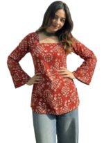 ANNI Designer Women’s Viscose Printed Short Kurti | Straight Fit Ethnic Top with Square Neck | Bell Sleeve Casual Indian Kurta for Office College, Party