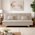 Adorn India Premium New Aspen 3 Seater Sofa Cum Bed 4X6 Velvet Suede with 2 Cushions (Color Cream) and Suitable for All Indoor, with 3 Years Warranty