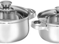 Amazon Brand - Solimo Set of 2 Stainless Steel Cook and Serve Set | Glass Lid | Dishwasher-Safe, 2L 700 ml|Induction and Gas Stove Compatible