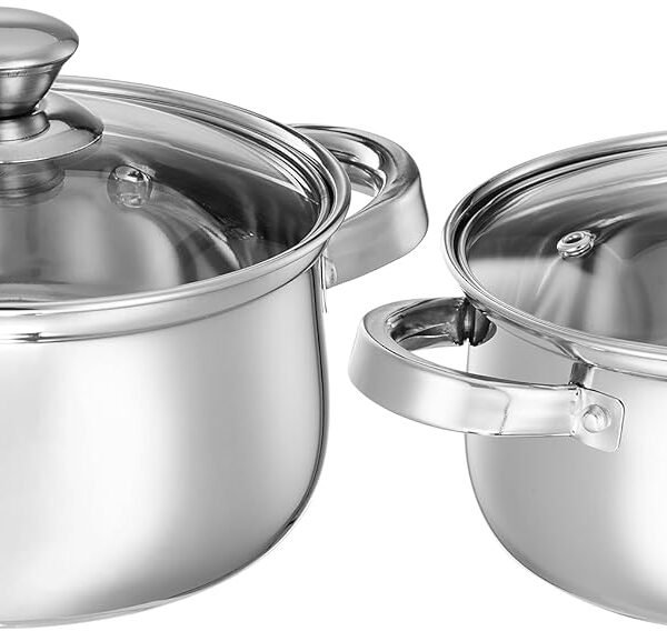 Amazon Brand - Solimo Set of 2 Stainless Steel Cook and Serve Set | Glass Lid | Dishwasher-Safe, 2L 700 ml|Induction and Gas Stove Compatible