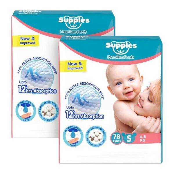 Amazon Brand - Supples Premium Baby Diaper Pants | 156 Baby Diapers | Small | 4-8 Kg | 78 x 2 Packs | 12 Hrs Absorption | Cushiony Cotton Soft Fabric | Phthalates-Free | Triple Leak Guard