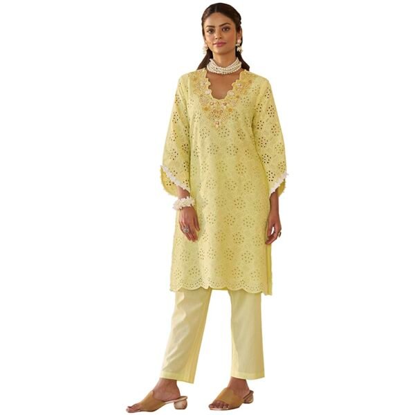 Amazon Brand - Tavasya Womens Cotton V Neck Co-ord Set | Salwar Suit | Breathable Fabric With Schiffli and multi embroidery Work