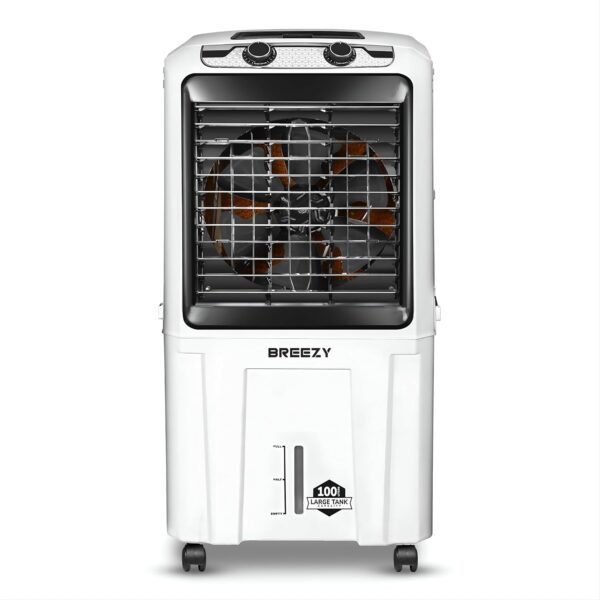 Amplesta Breezy 100L Desert Air Cooler for Home with 18” Fan, Everlast Pump, Collapsible louvers, 3 Speed; 4 way Air deflection, Cooler for room, Auto Fill, Honeycomb pads; White (1 Year warranty)