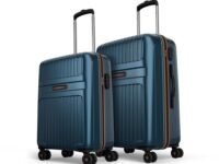 Aristocrat Atlas Set of 2 (Cabin+Medium) Hard Case Trolley Bags, Blue | 8-Wheels, Durable Case, Spacious, Combination Lock, Sturdy Zipper, Lightweight Travel Luggage, 3-Year Global Warranty