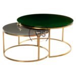 Arts Modern Nesting Coffee Table Set of 2 for Living Room, Balcony, Garden, Round Table with Wood Side, Sturdy Metal Frame-Green Gold & Grey