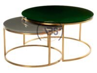 Arts Modern Nesting Coffee Table Set of 2 for Living Room, Balcony, Garden, Round Table with Wood Side, Sturdy Metal Frame-Green Gold & Grey