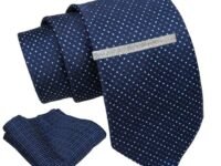 Axlon Tie for Men – Dotted Silk Neck Ties Set with Cufflinks Flower Pin, Pocket Square & Black Gift Box, Combo Necktie Sets for Office Wear, Formal Suits & Weddings (Navy, AXNW33)