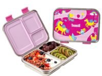 Basil Bento Box Neo 2025 - New & Improved, Easy to Open & Close 1000ml 3-Compartment Stainless Steel Lunch Box for Kids | Leak-Proof Tiffin Box for School - Pixie Dash