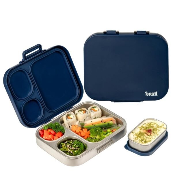 Basil Bento Box Quad Plus – 3+1 Compartment Stainless Steel Lunch Box (1020ml) with BPA-Free Lid | Leak-Proof Tiffin for Kids & Adults | Premium Lunch Box for School, Office & Picnic – Indigo Zen