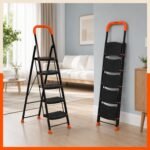 Bathla 5 Step Ascend Steel Ladder for Home Use | Large Platform (36 x 20.5 cm) | Wide Anti-Skid Steps | Safety Hand Grip | Heavy Duty Foldable | 120 kg Capacity | 2-Year Warranty | Orange & Black