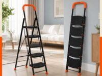 Bathla 5 Step Ascend Steel Ladder for Home Use | Large Platform (36 x 20.5 cm) | Wide Anti-Skid Steps | Safety Hand Grip | Heavy Duty Foldable | 120 kg Capacity | 2-Year Warranty | Orange & Black