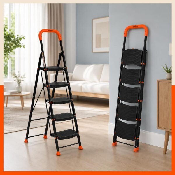 Bathla 5 Step Ascend Steel Ladder for Home Use | Large Platform (36 x 20.5 cm) | Wide Anti-Skid Steps | Safety Hand Grip | Heavy Duty Foldable | 120 kg Capacity | 2-Year Warranty | Orange & Black