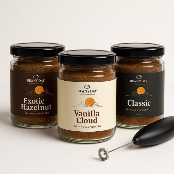 Beany Day Coffee Trio – Hazelnut, Vanilla, Classic (50g Each) | Instant Coffee Pack | Free Frother Inside