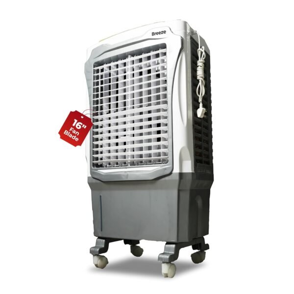 Breeze 16 Inch Desert Air Cooler | 16" Fan Blade | 60L Tank Capacity | 500 Sq. Ft. Coverage | Auto Swing | 3-Side Honeycomb Pads | 165 W | White & Grey