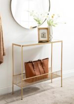 Crafter Trubey Narrow Elegant Console Table, 30 x 27 x 10, Modern Glam Slim Entryway Table with Bottom Wire Storage Rack and Mirrored Tabletop