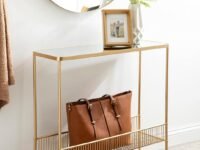 Crafter Trubey Narrow Elegant Console Table, 30 x 27 x 10, Modern Glam Slim Entryway Table with Bottom Wire Storage Rack and Mirrored Tabletop