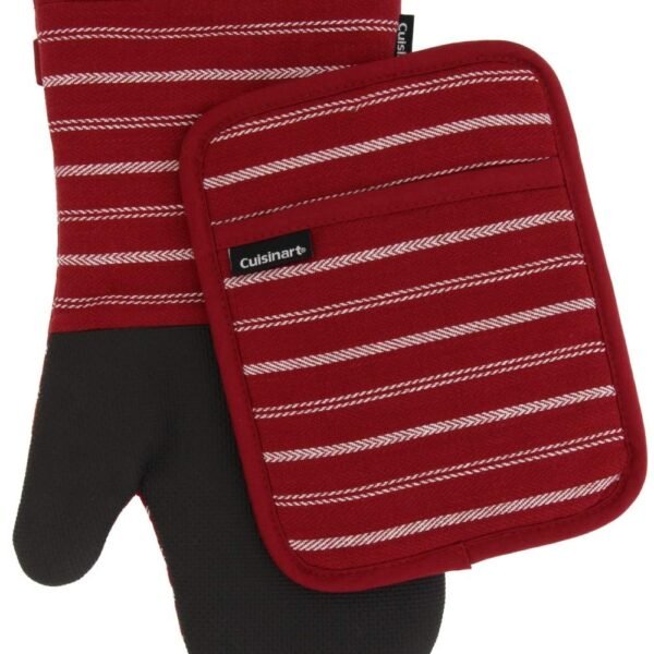 Cuisinart Kitchen Oven Mitt/Glove & Rectangle Potholder with Pocket Set w/Neoprene for Easy Gripping, Heat Resistant up to 500 Degrees F, Twill Stripe- Red Dahlia