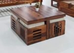 Custom Decor Solid Sheesham Wood Coffee Table with 4 Stools | Center Table for Living Room with Cushioned Stools | Teapoy for Living Room (Modern, 4 Stools)