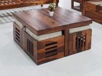Custom Decor Solid Sheesham Wood Coffee Table with 4 Stools | Center Table for Living Room with Cushioned Stools | Teapoy for Living Room (Modern, 4 Stools)