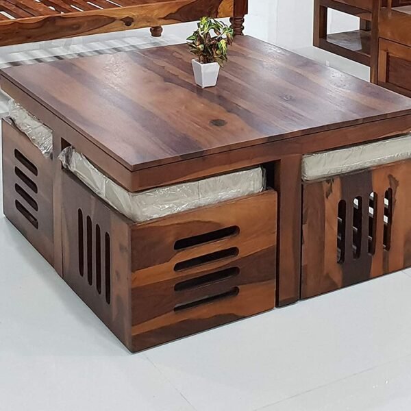 Custom Decor Solid Sheesham Wood Coffee Table with 4 Stools | Center Table for Living Room with Cushioned Stools | Teapoy for Living Room (Modern, 4 Stools)