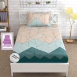 DECOMIZER Cotton 300 TC Feel All Around Elastic Fitted Glace Printed Single Bed Bedsheet With 1 Large Pillow Cover Fits Upto Mattress Of 6 Inch,Size-42 X 75 X 8 Inches,Design-Beige Green,Small_Single