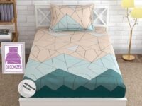 DECOMIZER Cotton 300 TC Feel All Around Elastic Fitted Glace Printed Single Bed Bedsheet With 1 Large Pillow Cover Fits Upto Mattress Of 6 Inch,Size-42 X 75 X 8 Inches,Design-Beige Green,Small_Single