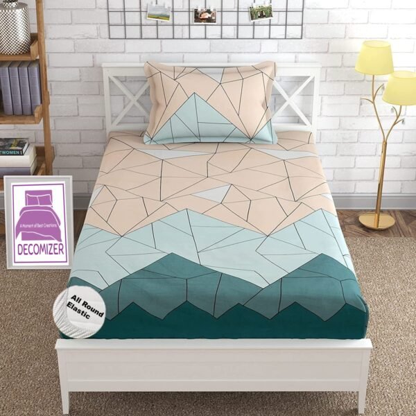 DECOMIZER Cotton 300 TC Feel All Around Elastic Fitted Glace Printed Single Bed Bedsheet With 1 Large Pillow Cover Fits Upto Mattress Of 6 Inch,Size-42 X 75 X 8 Inches,Design-Beige Green,Small_Single
