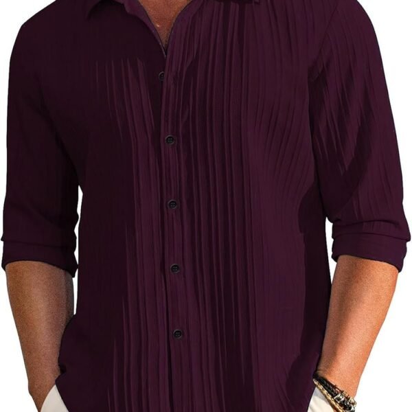 DEELMO Men's Casual Button Down Shirts Long Sleeve Linen Shirt Fashion Textured Beach Summer Shirt