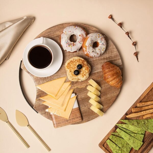 DREAMY WALLS Serving Platter Tray 14'' Wooden Round with Metal Handle | Handmade Bed Table for Food, Coffee Table Snacks Tray, Charcuterie & Cheese Board, Food Grade Polish, Kitchen Accessories Items