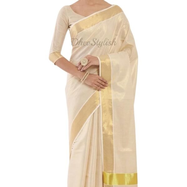 DhevStylish Kerala Kasavu Tissue Tassels Saree for Women – Pure Cotton Onam Saree with Zari Border, Tassels & Running Blouse | South Indian Sarees | Traditional Kerala Saree for womens