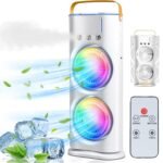 Double Mist Fan Rechargeable Mini Air Cooler with Ice Tank Dual Head 90° Rotation, Triple Spray, RGB LED Light, 3-Speed USB Portable Cooling Fan for Home, Office, Travel & Outdoor