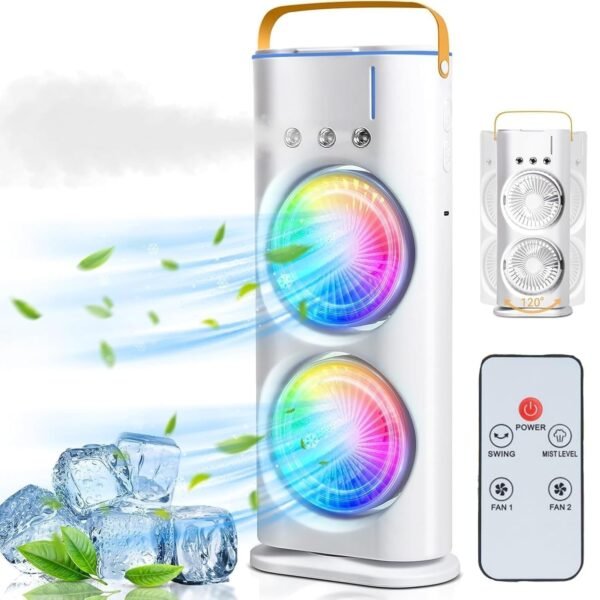 Double Mist Fan Rechargeable Mini Air Cooler with Ice Tank Dual Head 90° Rotation, Triple Spray, RGB LED Light, 3-Speed USB Portable Cooling Fan for Home, Office, Travel & Outdoor