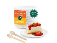 ECO SOUL Biodegradable Disposable Tableware Set | Eco-Friendly and Perfect for Weddings, Birthdays and Parties | Includes 6 inch [15 cm] Round Plates, 160 mm Birchwood Spoon & Fork [25 Each]
