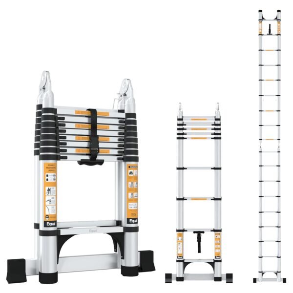 Equal 19 FT A-Type Foldable Aluminium Telescopic Ladder | A-Frame + Extension | 2 Triangle Stabilizers | EN131 Certified | 2-Year Warranty | Heavy-Duty Industrial & Commercial Use (5.6m / 9+9 Steps)