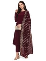 FIORRA Women's Maroon Poly Crepe Straight Kurta with Pant and Dupatta
