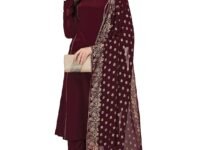 FIORRA Women's Maroon Poly Crepe Straight Kurta with Pant and Dupatta