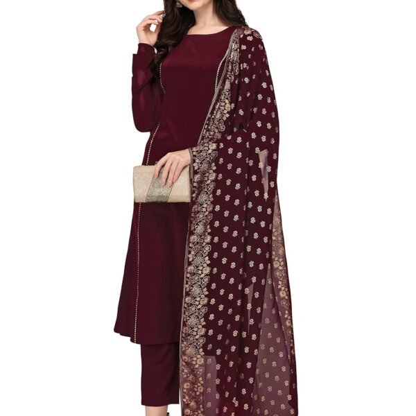 FIORRA Women's Maroon Poly Crepe Straight Kurta with Pant and Dupatta