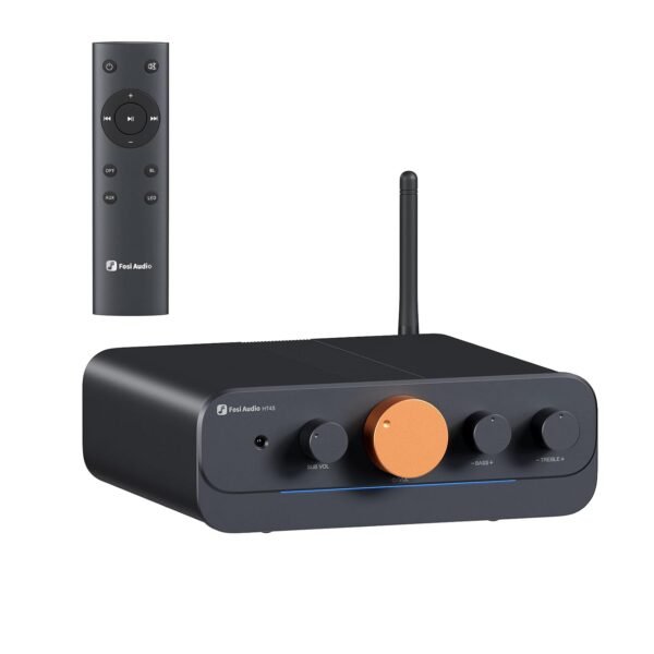Fosi Audio HT4S Bluetooth Amplifier 4.1/5.0 Ch Stereo for Outdoor Speakers, 4-Channel Power Amplifier for Bass Shaker Sim Racing Cockpit, Support AUX/Optical Input with Remote Control