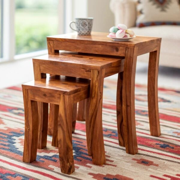 GP Craft Solid Sheesham Wood Nesting Table Set | Wooden Stools, Bedside, Sofa Side Table, Coffee & Beverages Table for Home, Office, Bedroom & Living Room - Honey Finish (Set of 3)