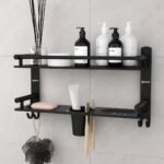 GRIVAN 5-in-1 Stainless Steel Bathroom Rack Shelf with Double Soap Dish, Toothbrush Holder & Hooks | Bathroom Organiser Stand (Black Matte, 2-Tier)